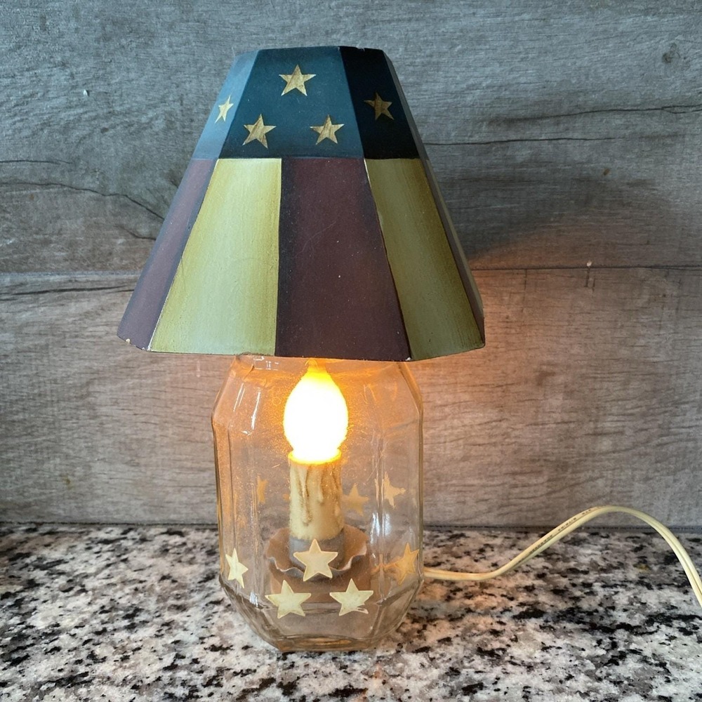 Red White Blue Americana Lamp Glass Bottom, Wood Shade Stars Flag